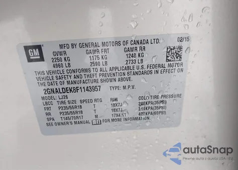 2015 Chevrolet Equinox Ltz z USA, uszkodzony, nr VIN 2GNALDEK8F1143957